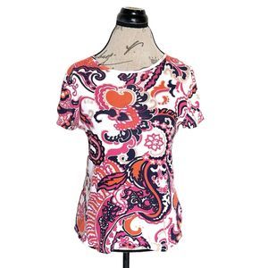 Talbots Womens Blouse Top Size Medium Petite Floral Short Sleeve Pima Cotton